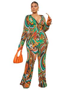 Plus size conjunto de roupas 2 peça topos e calças flare ternos outono moda impressão streetwear roupas oversize outfits 240220