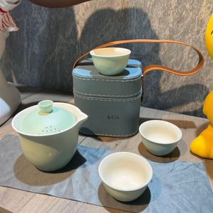 Designer Blue Travel Tea Set Portable Ceramic Tea Set Lazy One Pot Three Cup Outdoor Camping Classic Logo Teacup with PU Plaid Carrying Case