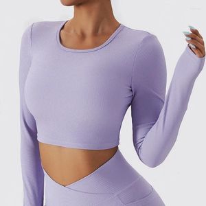Aktif gömlekler seksi iplik içi boş sırt sporu üst kadınlar uzun kollu yoga giyim hızlı kuru spor salonu gündelik egzersiz mahsul takım elbise