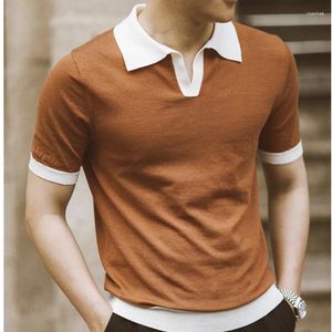 Polo da uomo T-shirt a maniche corte con cuciture a contrasto estive con colori a contrasto Polo slim con scollo a V a righe casual lavorata a maglia con risvolto britannico