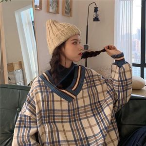 Women's Hoodies 2024 Autumn Women Pullover Loose Vintage Plaid Woolen Cloth Long Sleeve V-neck Knitted Patchwork Baggy Female Pullovers
