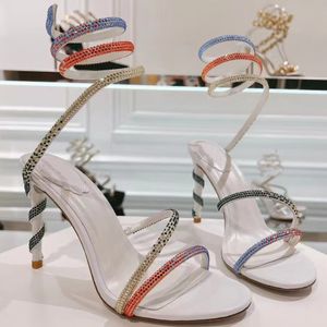 2024 New Rene Caovilla Sandals High High Heel Women Rhinestone Decoration Snake شكل ملفوف في الكاحل