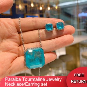 Conjuntos QXTC Quadrado Paraiba Turmalina Aquamarine Lab Gemstone Diamante Pingente Colar Brinco Conjuntos de Jóias de Casamento Presente de Aniversário