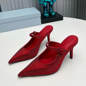 Strass decoração apontou toe chinelos mules estilo cinta 90 mm sandálias de salto stiletto sola de couro bombas mulheres designers de luxo sapatos de noite 35-42