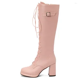 Botas rosa vermelho feminino alto joelho lolita sapatos sexy lace up preto branco bloco saltos festa meninas tamanho grande 48