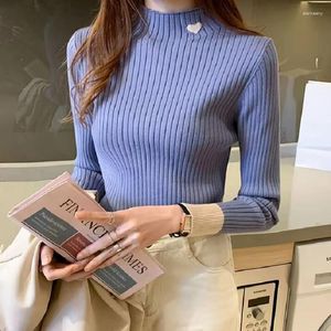 Women's Sweaters 2024 Knitted Women Sweater Ribbed Pullovers Heart Embroidery Turtleneck Autumn Winter Basic Fit Soft Warm Tops