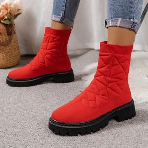 Botas 2024 outono feminino e inverno malha meias elásticas malha vermelha grande 35-43 sola grossa botas casuais