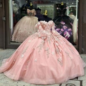 Jasnoróżowy błyszcząca księżniczka ukochana suknia balowa quinceanera sukienka z długim rękawem z koralikami aplikacji imprezowe sukienki vestidos de 15 anos