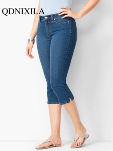 Jeans Frau Jeans schwarze Denimhose Damen geschnittene Hosen dünne Knielänge Jeans Frauen Elastizität Hochtütige Mutter Jeans Übergröße