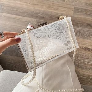 Borse da sera Borsa a tracolla da donna in acrilico con design a scatola in pizzo bianco nero con catena di perle Pochette da donna per feste Borsa a tracolla con patta276m