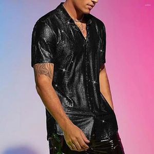 Herren lässige Hemden Männer Top Satin Performance Shirt mit Turndown-Kragen Single-Breasted Design für Club Party Bühnenshow Long