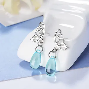 Stud Earrings Openwork Butterfly Blue Crystal Droplet Earring For Women Girl Lady Fine Jewelry Gift Zircon