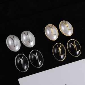 Designer Women Gold Earrings Elliptic Pearl Studs Ladies Elegant Letter Earings Golden Silver Hoop Earrings Dangler With Box Jewelry Wedding Gift