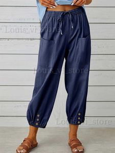 Spodnie damskie Capris Bawełniane spodnie lniane z guzikami ogólnie szerokie spodnie na nogi plus rozmiar 5xl swobodne wiosenne spodnie letnie dla kobiet T240227