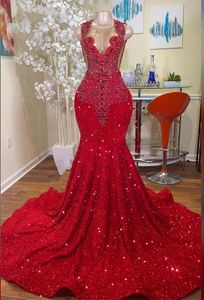 Red Long Mermaid Prom Dresses 2024 Black Girls Sheer Crew Neck Diamonds Style Luxury Sparkly Rhinestones Crystals Sequined Prom Party Formal Evening Gowns