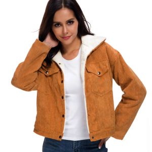 Jackets 2023 Lamb Wool Corduroy Jacket with Fur Collar Thick Velvet Jacket Winter Warm Outerwear Long Sleeve Vintage Women Coat Brown