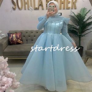 Custom Made Blue Muslim Evening Dress With Crystal Beaded A Line High Neck Long Sleeve Midi Prom Dresses Dubai Abaya Turkey Party Gowns Vestidos De Noche Holiday