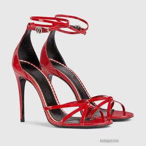 Knöchelriemen-Stiletto-Sandalen aus Lackleder, offene Zehenpumps für Damen, Gladiator-Party-Abendkleid-Schuhe, Luxus-Designer-High-Heels-Fabrikschuhe