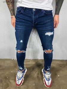 Jeans masculinos angustiados joelho buracos elásticos jeans skinny homens rasgados biker denim calças sólidas lavadas streetwear preto pantnes hombre corredores t240227