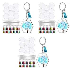 Nyckelringar 216 st akryl transparenta skivor Hexagon Keychain -ämnen Charms och tofshängen Keyring med kedja för DIY -hantverk