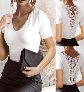 Arrivals Sexy Hollow Out Lace Vneck White T Shirt 2021 Fashion Casual Short Sleeve Solid Slim Summer Tops Woman Clothes Men0392544906