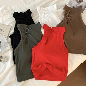 Damen-Tanks, elegante Damen-Tanktops mit chinesischen Knöpfen und BH-Auflage, O-Ausschnitt, ärmellos, für sexy Ernte, All-Match