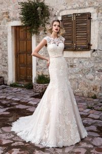 2024 New Illusion maniche ad aletta in pizzo sirena abiti da sposa tulle applique corte principessa abiti da sposa da sposa con bottoni applique di perline vestido de novia