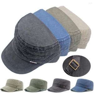 Berets 2024 Vintage Militar Flat Hats Unisex Soft Washed Cap Sun Chapéu Sólido Top Clássico Ajustável Curto Eaves Men