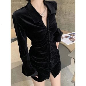 MEXZT Vintage Shirts Women Black Velvet Pleated Blouses Korean Elegant Folds Turn Down Collar Long Sleeve Slim Chic Casual Tops 240227