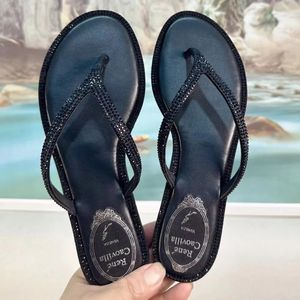新しいRene Caovilla Rhinestone Decorative Flip Flops Slippers Leather Sole Slide Summer Sandal