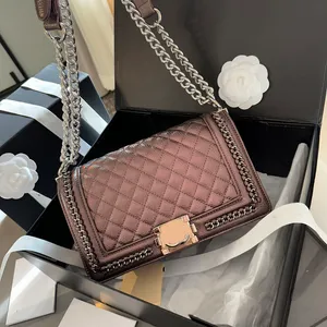 Designer Boy Flap Bag Shiny Multi Pearl Colors Pleated Leather 25cm Braided Chain Decoration Silver/Gold Metal Hardware Adjustable Strap Women Cross Body Handbag