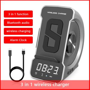 Högtalare 3 i 1 telefoninnehavare trådlös laddare Bluetooth -högtalarmusikspelare med LED Digital Display Alarm Clock iPhone Fast Charging