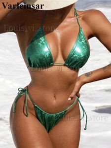 Women's Swimwear Sexy Shiny Halter High Leg Cut Mini Bikini Female Swimsuit Women Swimwear Two-pieces Bikini set Bather Bathing Suit Swim V3876 T240227