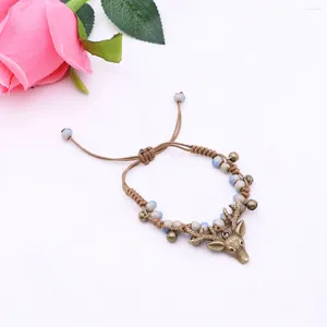 Charm Bracelets Handmade Weaving Ethnic Vintage Rope Women Deer Ceramics Jewelry (Blue)