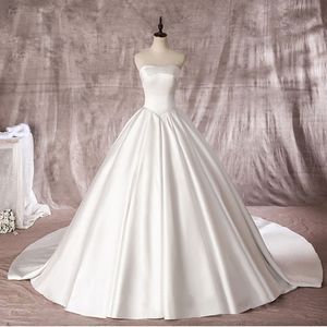 Lustrous Satin Simple A-Line Wedding Dresses Ivory Shiny Off Shoulder Sleeveless Princess Bridal Gowns Lace Up