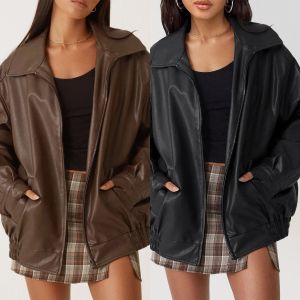 Jackets Women Oversized Jackets Casual Faux Leather Jacket Fashion Moto Biker Coat Lapel Zipper Jacket Boyfriend Outwear