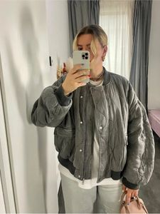 Grey Cotton Bomber Ournteer For dla kobiet luźne o długim rękawie na diecie swobodne marki jesień zima moda żeńska żeńska 240219