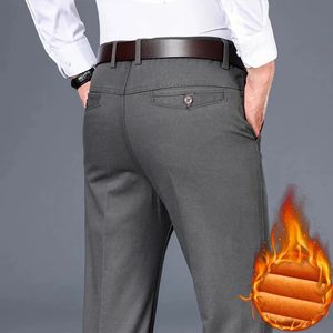 Флисовые деловые мужские мужские утолщенные повседневные брюки Слим прямой простой классический стиль хлопок темно -серый мужской офис плюшевые брюки 240220