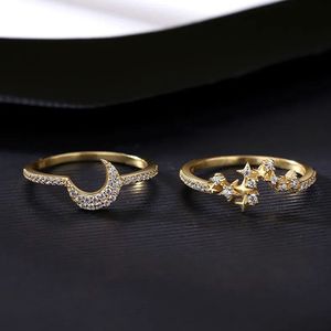 Brand Luxury Plating 18k Gold Star Moon Ring Jewelry Fashion Temperament Women Shiny Zircon s925 Silver Ring Personality Gift