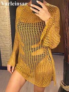 Mulheres Swimwear Sexy Hollow Out Manga Longa Crochet Malha Túnica Praia Cover Up Cover-Ups Beach Dress Beach Wear Beachwear Feminino Mulheres V4732 T240227