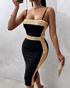 STYLISH LADY Shiny Sequined Elegant Dress 2024 Summer Women Spaghetti Strap Bodycon Party OL Patchwork Midi Vestidos Femininos