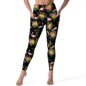 Calças ativas aves tropicais impressão leggings aquarela flamingo fitness yoga cintura alta kawaii esportes collants elástico legging