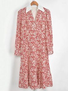Sukienki swobodne Cena Kobiety Czerwony sukienka midi kwiatowy nadruk Pearl Buttons V-dół Długie rękaw żeńska szata vintage