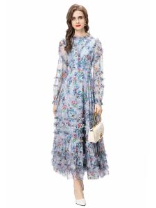 Luxury Ladies Spring Autumn High Quality Fashion Party Printed Casual Bohemian Chic Beach Holiday Long Sleeved Dresses For Women