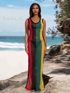 Grundläggande casual klänningar Sexiga högklippta randiga stickade ihåliga västklänningar 2024 Summer Bohomian Beach Vacation Women Outfit Maxi Dresses Q1629 T240227