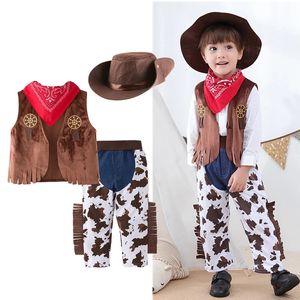 Vestiti per bambini Ragazzi Costume da cowboy per bambini Bambini Set di abbigliamento cosplay Gilet Pantaloni Pantaloni Sciarpa Cappello 4 pezzi Abiti per bambini 240223