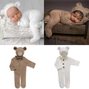 Conjuntos 2 peças/conjunto adereços para fotografia de recém-nascidos, macacão, chapéu de crochê, lã, bebê menino, menina, roupa de bebê, animal, adereço para fotos