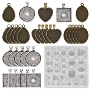 Colares conjuntos de moldes de silicone com 30 peças base pingente moldes de resina epóxi tempo gem cabochão acessórios para fabricação de joias diy