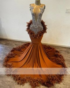 New Arrival Browns Prom Dress For Black Girls Sheer Mesh Bead Crystal Rhinestone Feathers Evening Birthday Party Gowns