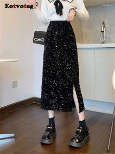 Kjolar eotvotee paljetter delad kjol för kvinnor vår 2024 hög midja koreansk mode elegant midi chic vintage y2k